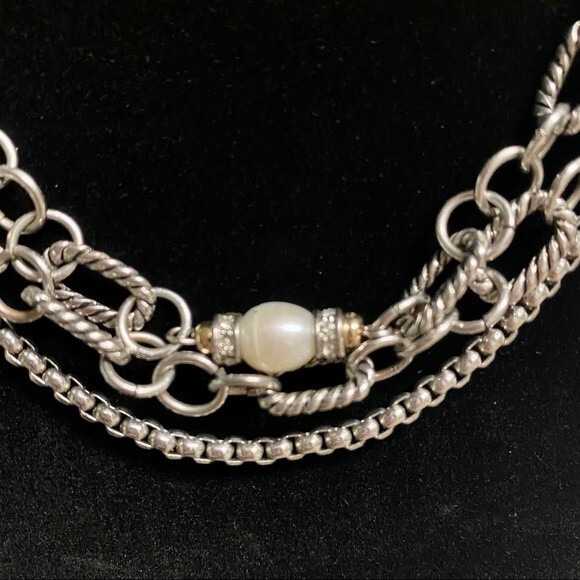 3-strand Silver tone Link chain with Faux Pearls - up to 20” - Picture 2 of 9